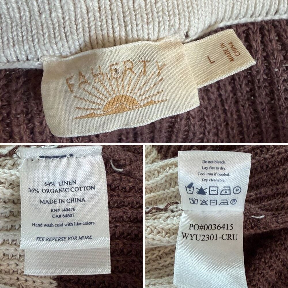 Faherty Miramar Linen Polo Sweater in Cocoa Rugby Stripe Cream, Brown Size L - Picture 10 of 12